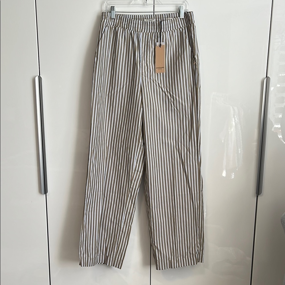 SCOTCH & SODA NWT Olive Green Striped Wide Leg Pants Slant Pocket, Size L